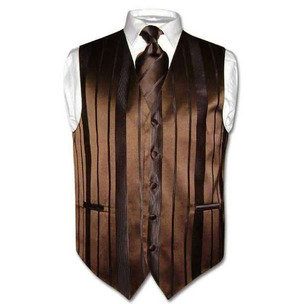 Men's Dress Vest & NeckTie DARK BROWN Color Woven Striped Design Neck Tie Set 